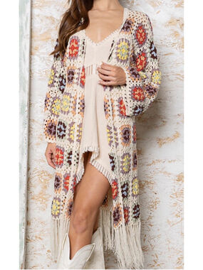 POL Crochet Granny Square Cardigan L Boho Duster Fringe Hippie Festival